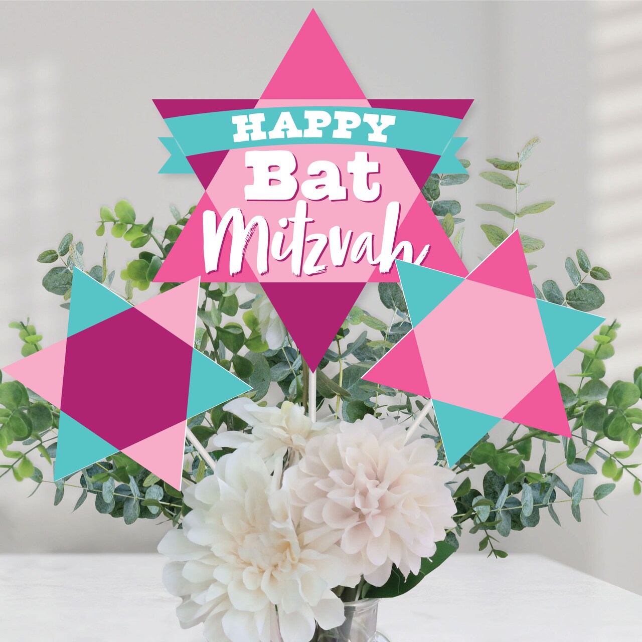 Big Dot of Happiness Pink Bat Mitzvah - Girl Party Centerpiece Sticks - Table Toppers - Set of 15